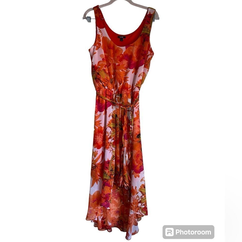 NWT MSK SIZE 10 orange midi high-low floral dress waist tied sleeveless